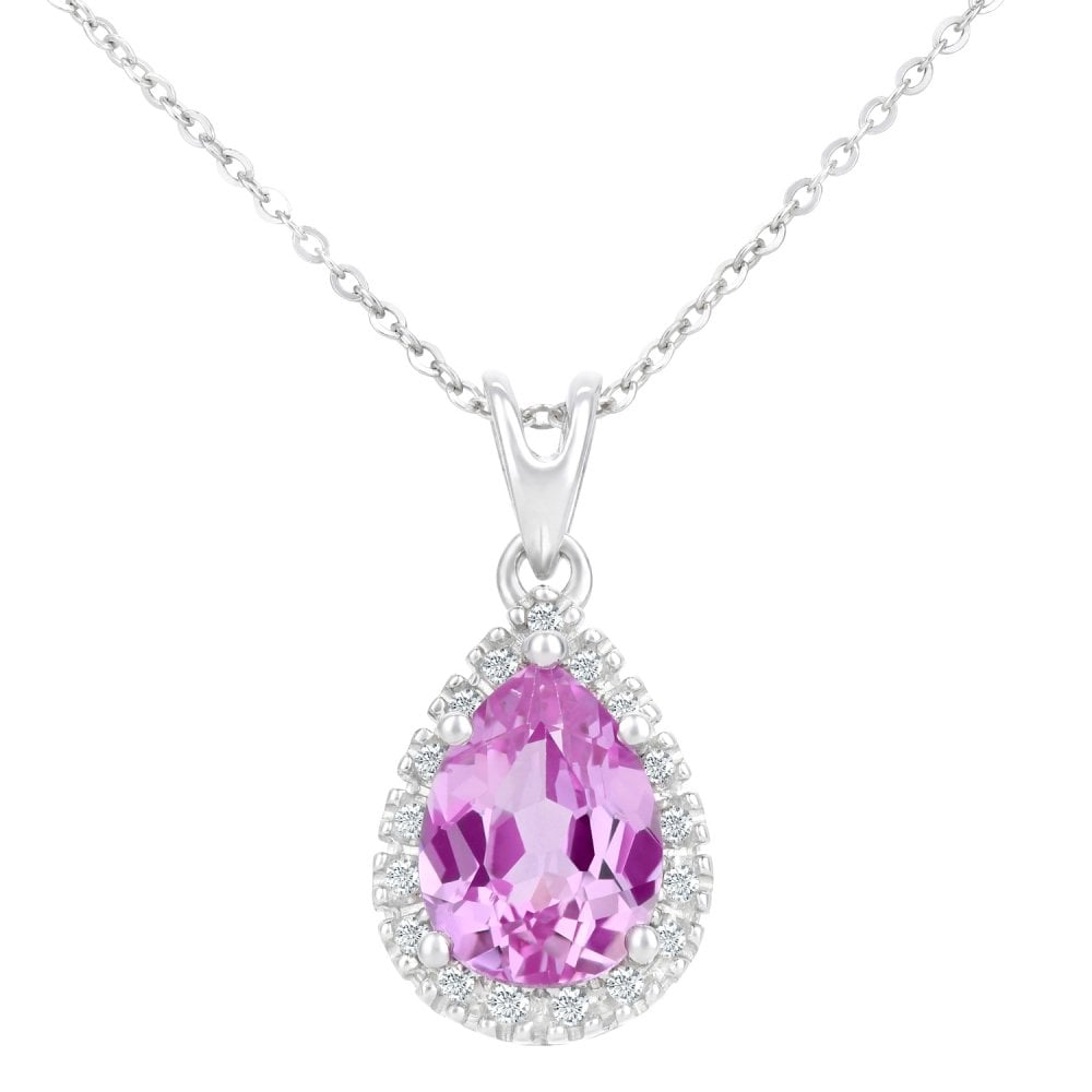 SPARKLD 9ct White Gold Created Pink Sapphire Teardrop 0.07ct Diamond Halo Pendant Necklace