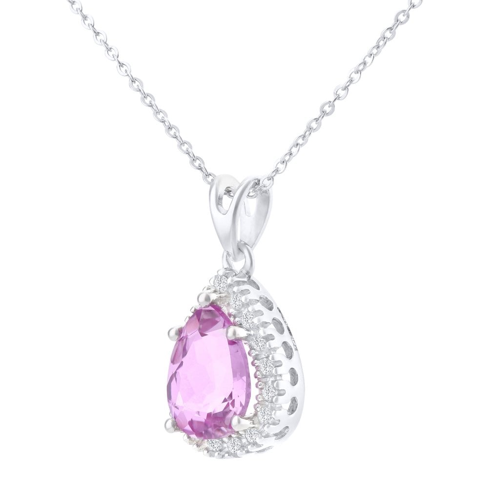 SPARKLD 9ct White Gold Created Pink Sapphire Teardrop 0.07ct Diamond Halo Pendant Necklace