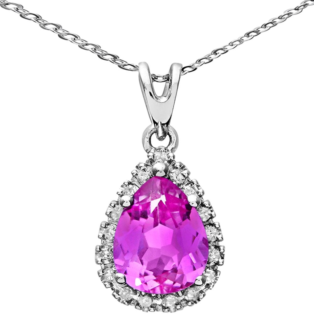 SPARKLD 9ct White Gold Created Pink Sapphire Teardrop 0.07ct Diamond Halo Pendant Necklace