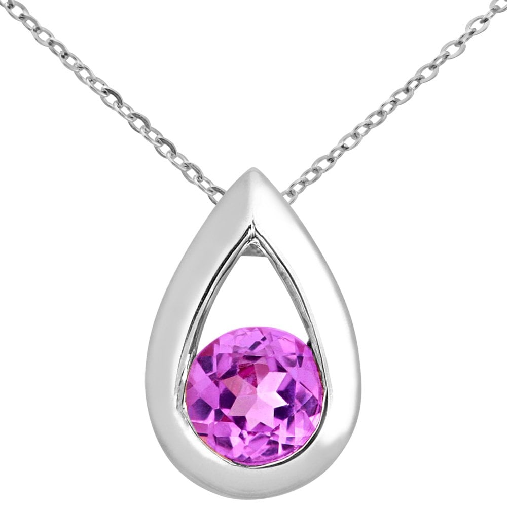 SPARKLD 9ct White Gold Created Pink Sapphire Teardrop Pendant Necklace