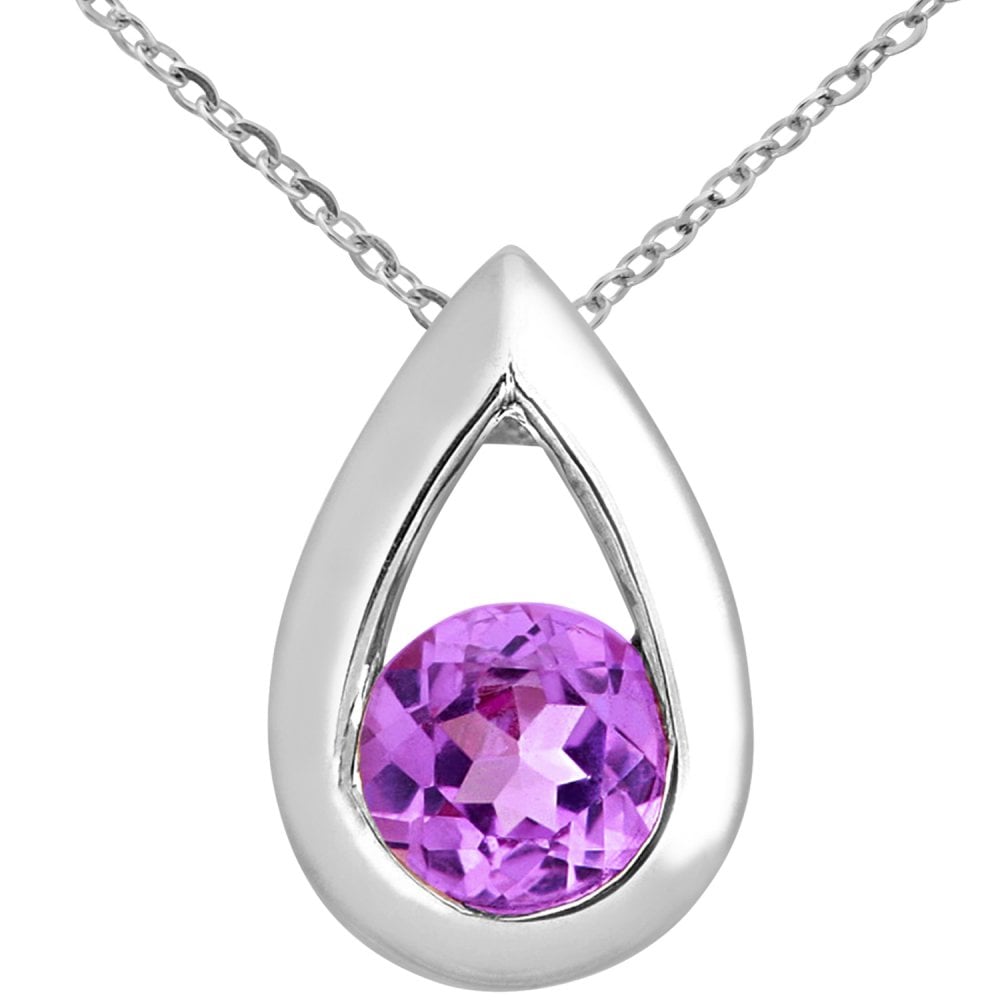 SPARKLD 9ct White Gold Created Pink Sapphire Teardrop Pendant Necklace