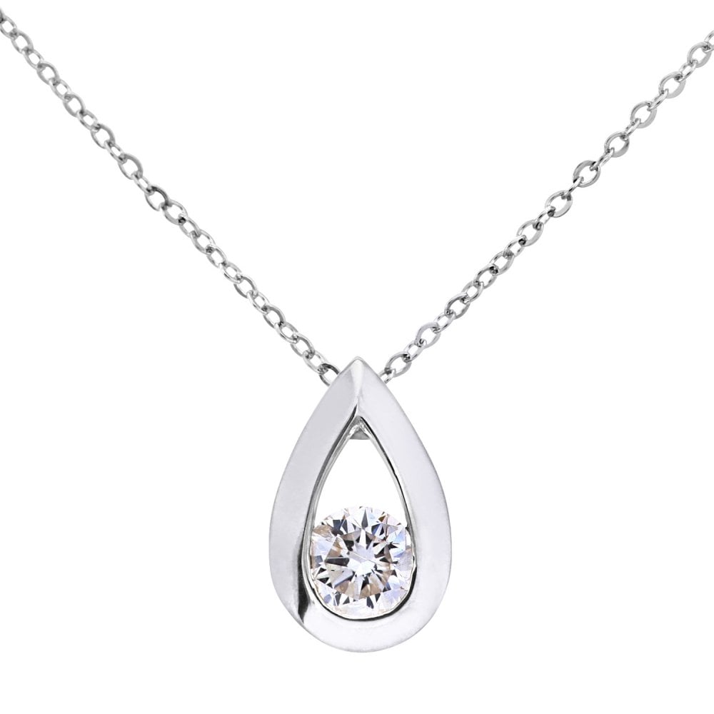SPARKLD 9ct White Gold Cubic Zirconia Teardrop Pendant Necklace