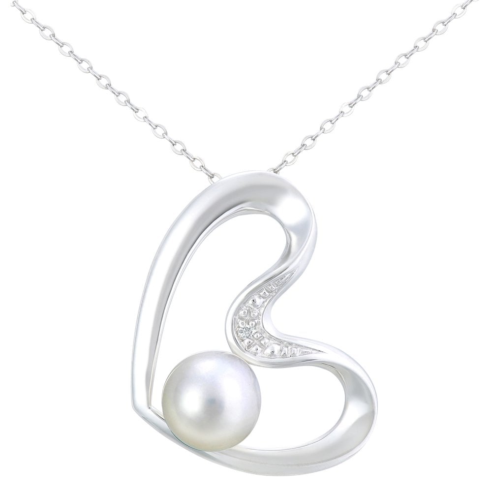 SPARKLD 9ct White Gold Cultured Pearl and 0.01ct Diamond Heart Pendant Necklace