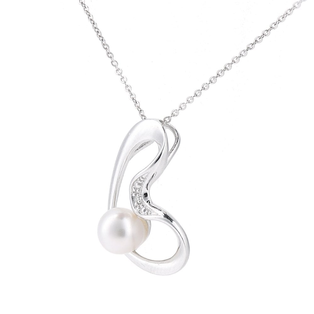 SPARKLD 9ct White Gold Cultured Pearl and 0.01ct Diamond Heart Pendant Necklace