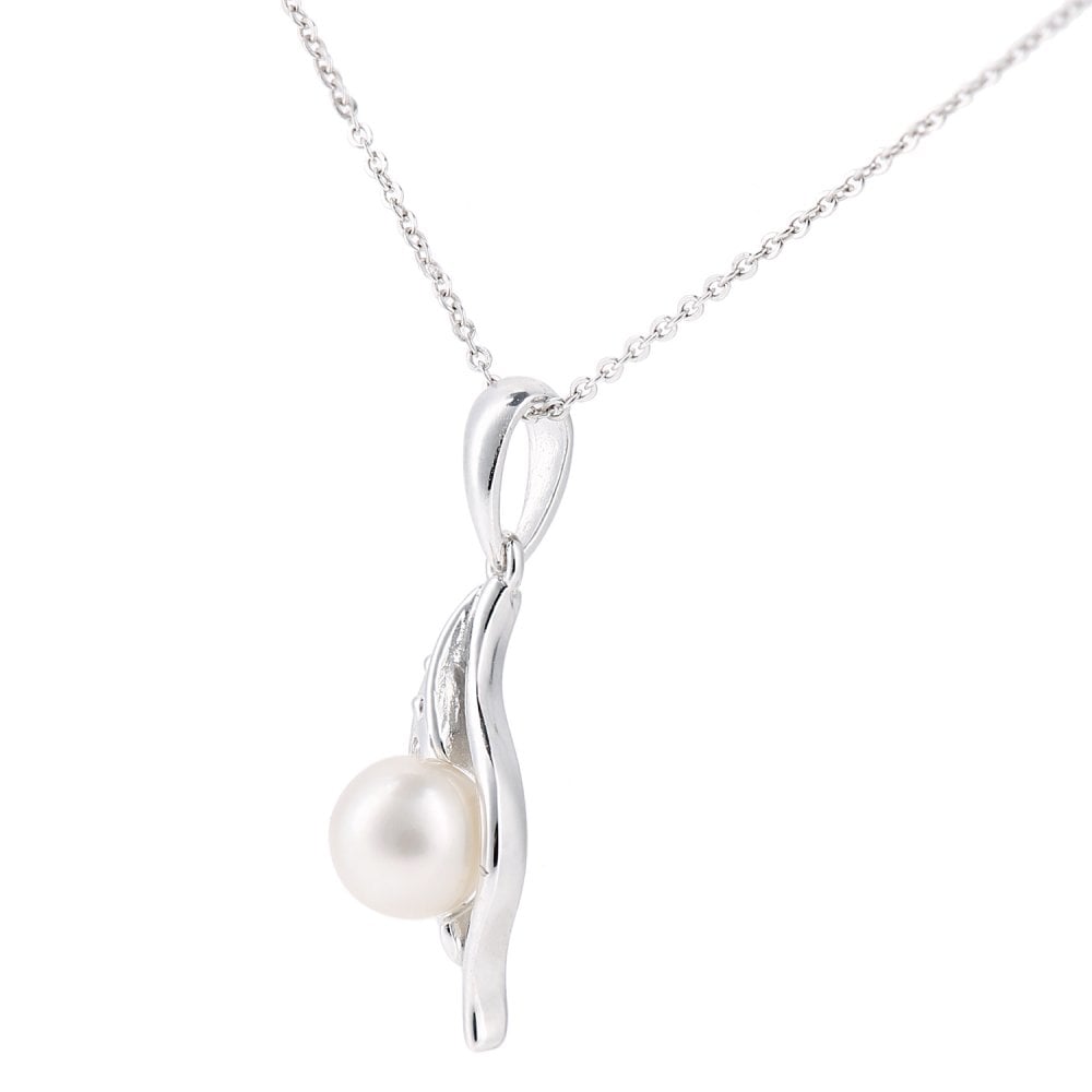 SPARKLD 9ct White Gold Cultured Pearl and 0.01ct Diamond Pendant Necklace