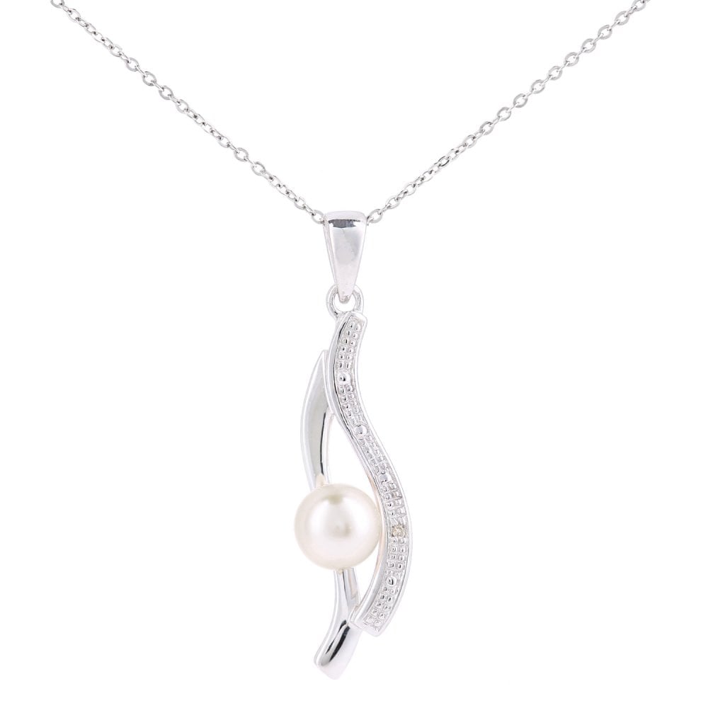 SPARKLD 9ct White Gold Cultured Pearl and 0.01ct Diamond Pendant Necklace