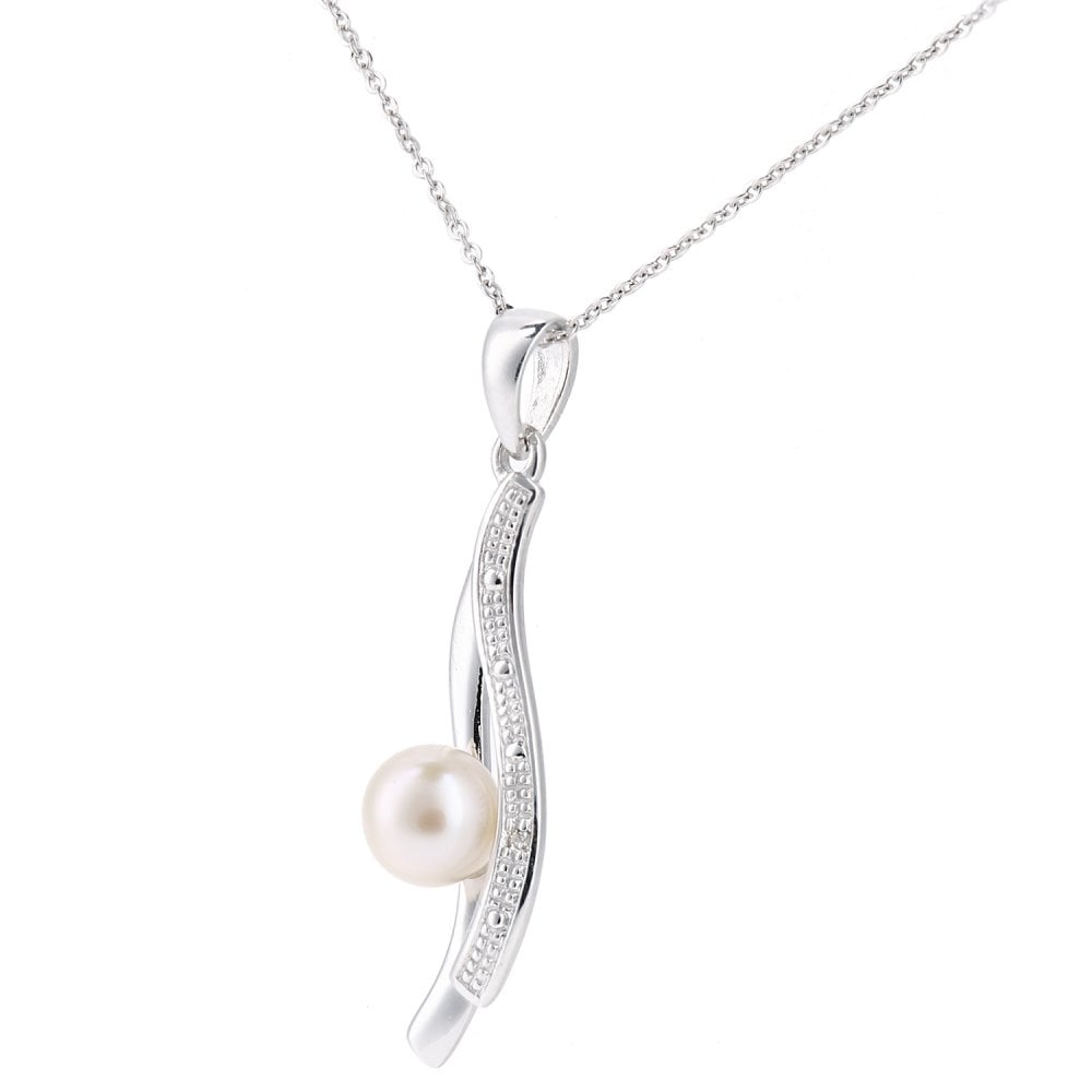 SPARKLD 9ct White Gold Cultured Pearl and 0.01ct Diamond Pendant Necklace