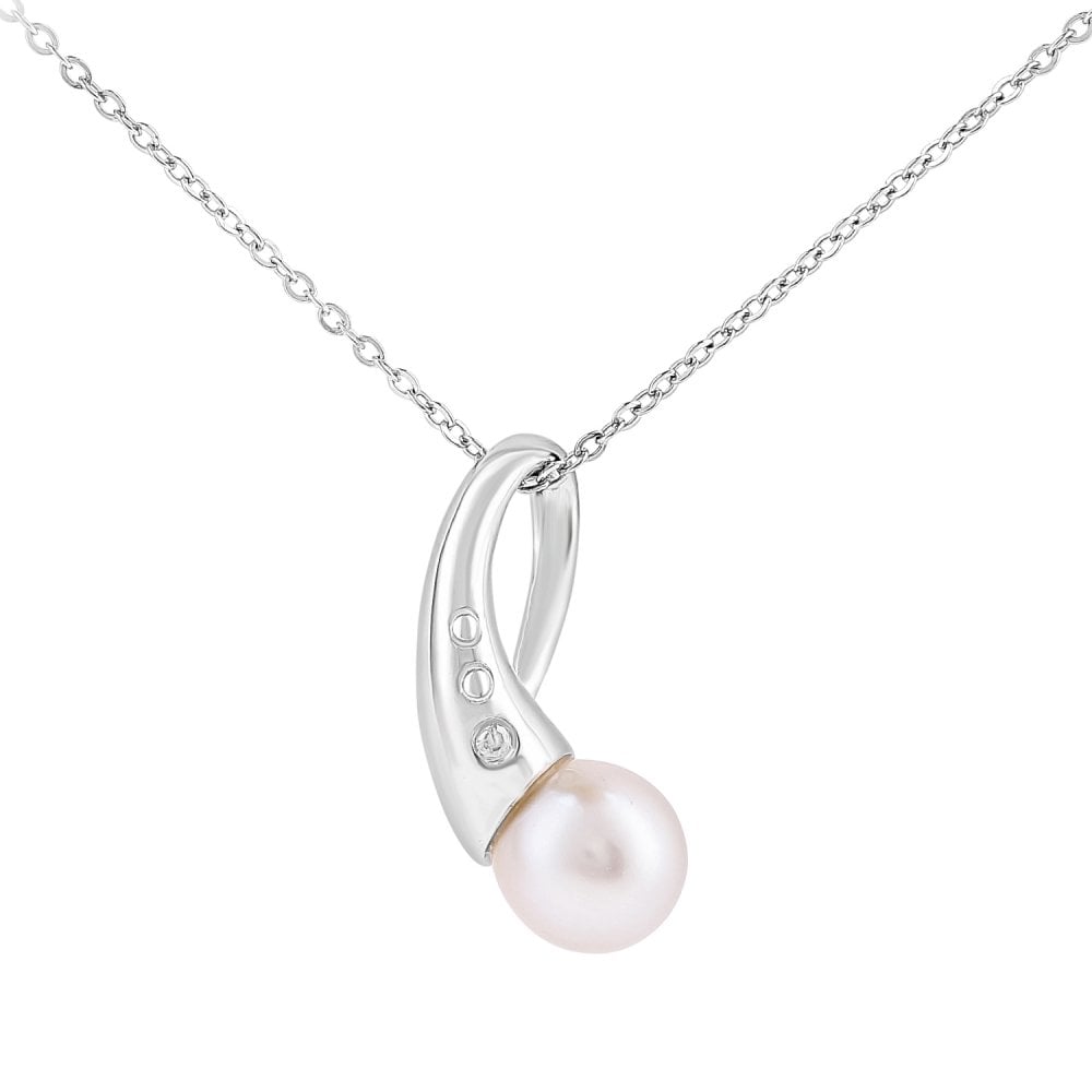 SPARKLD 9ct White Gold Cultured Pearl and 0.01ct Diamond Pendant Necklace
