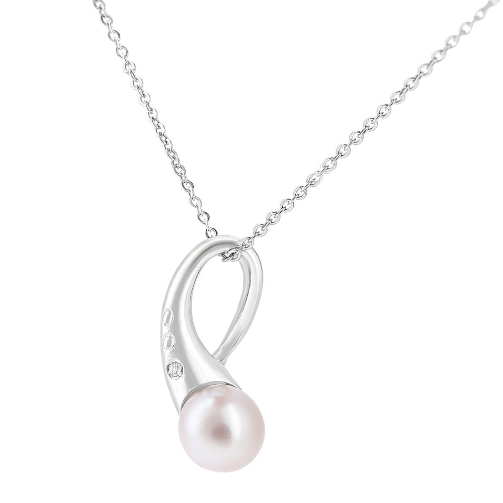 SPARKLD 9ct White Gold Cultured Pearl and 0.01ct Diamond Pendant Necklace