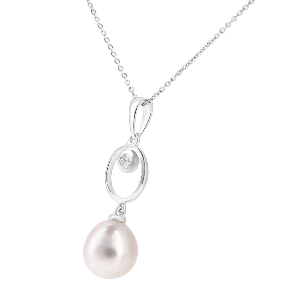 SPARKLD 9ct White Gold Cultured Pearl and 0.03ct Diamond Pendant Necklace