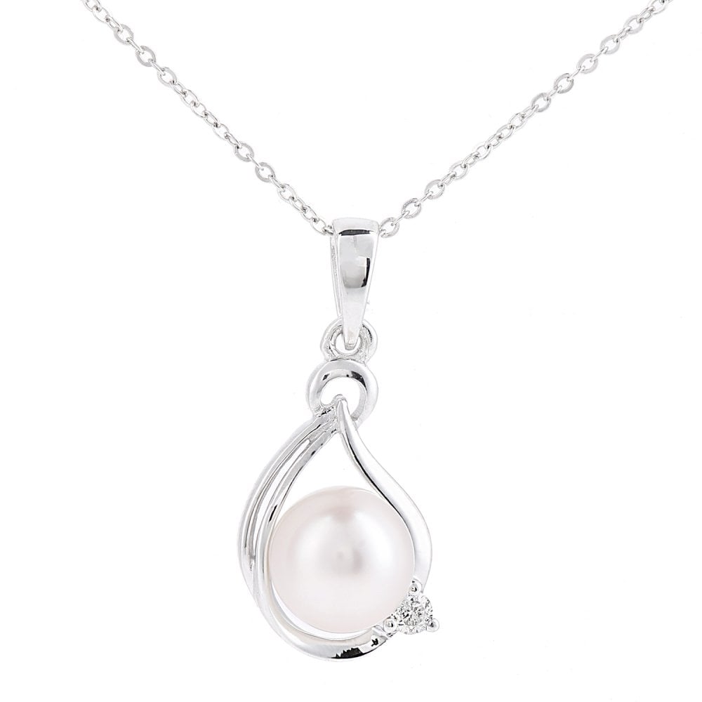 SPARKLD 9ct White Gold Cultured Pearl and 0.03ct Diamond Teardrop Pendant Necklace
