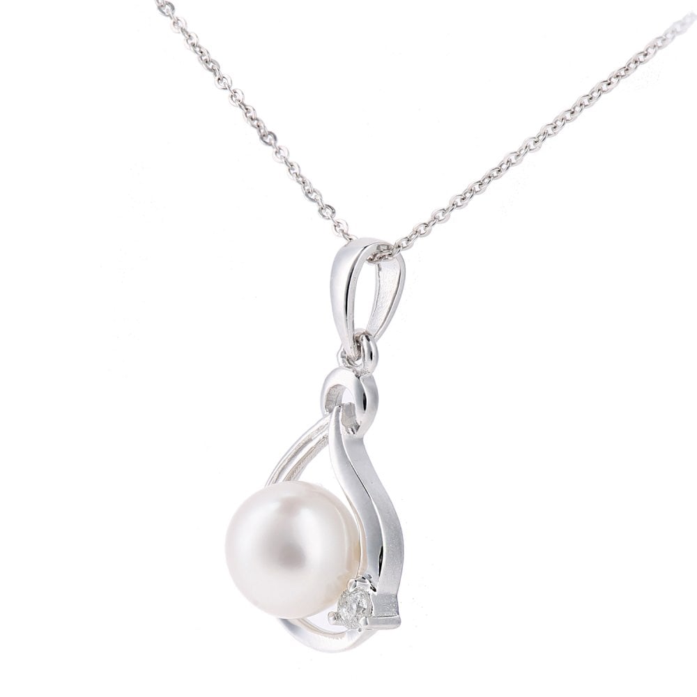 SPARKLD 9ct White Gold Cultured Pearl and 0.03ct Diamond Teardrop Pendant Necklace
