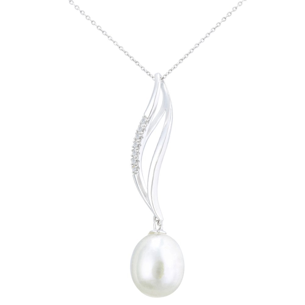 SPARKLD 9ct White Gold Cultured Pearl and 0.05ct Diamond Pendant Necklace