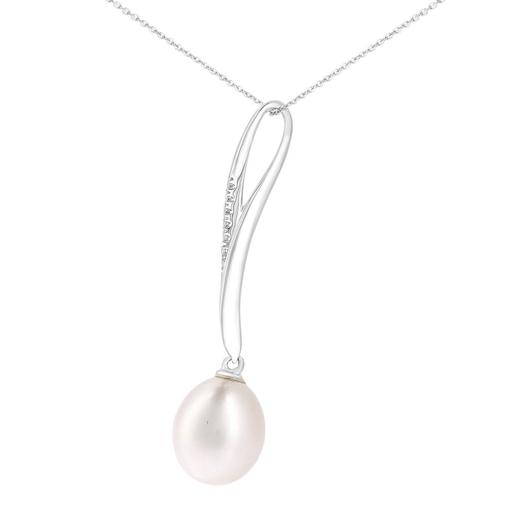 SPARKLD 9ct White Gold Cultured Pearl and 0.05ct Diamond Pendant Necklace