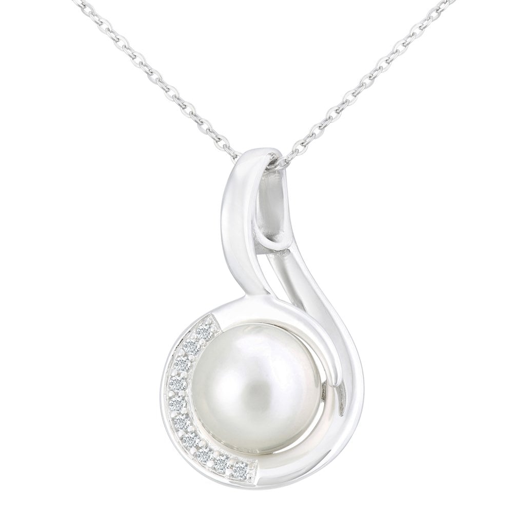 SPARKLD 9ct White Gold Cultured Pearl and 0.05ct Diamond Pendant Necklace
