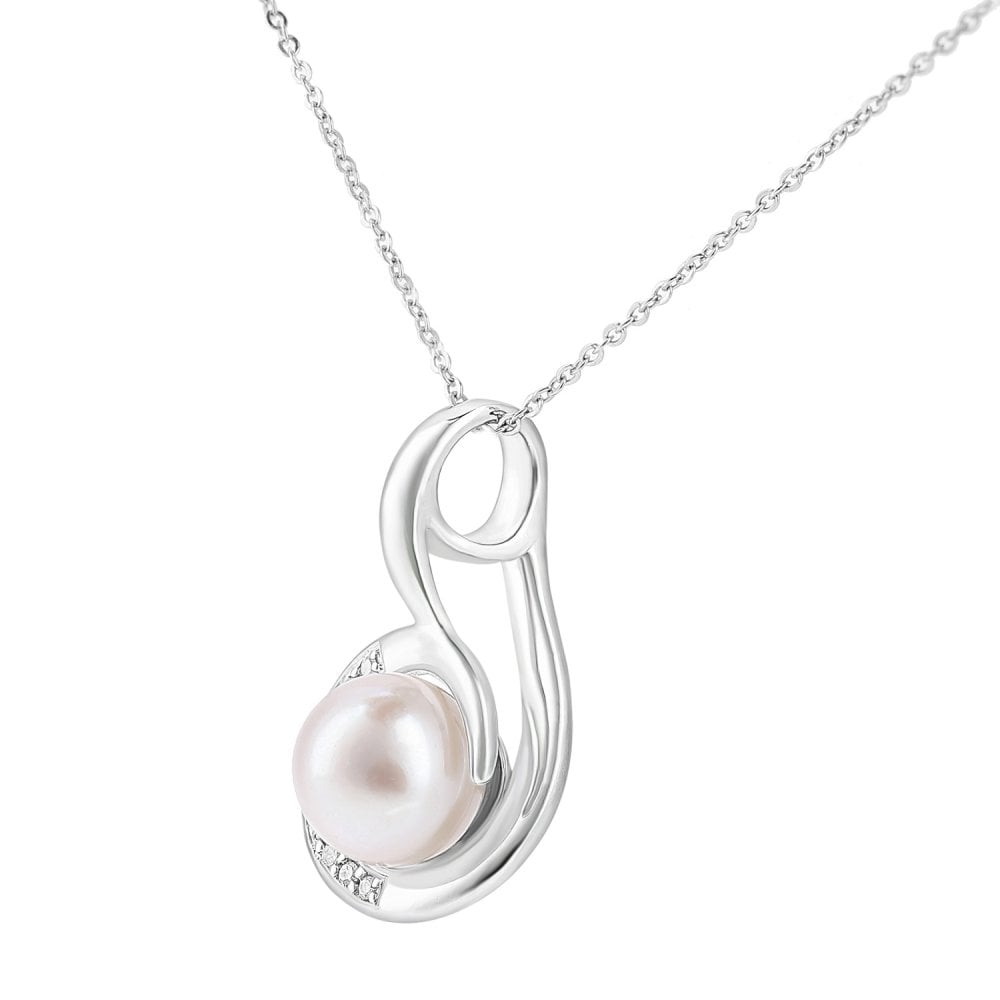 SPARKLD 9ct White Gold Cultured Pearl and 0.05ct Diamond Pendant Necklace