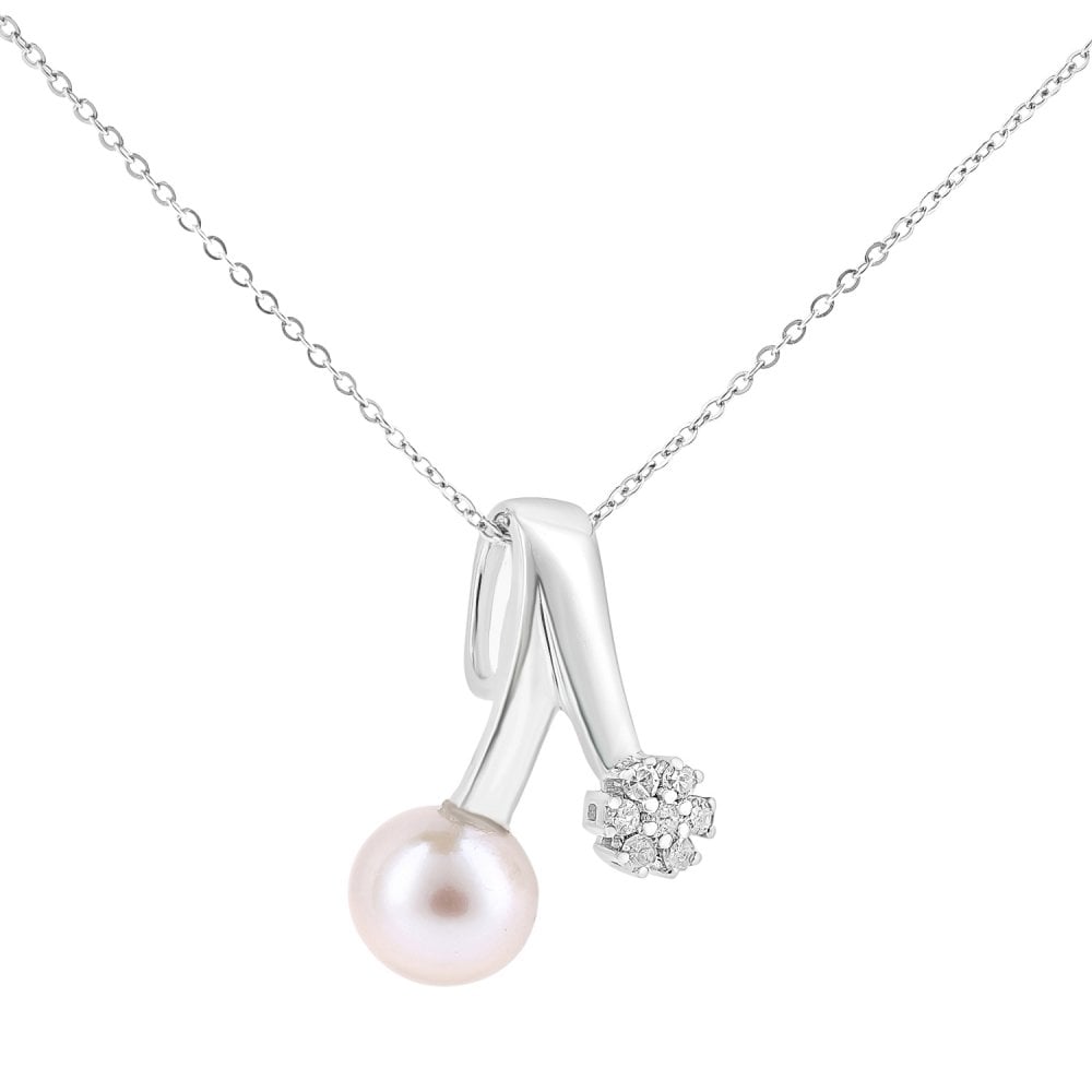 SPARKLD 9ct White Gold Cultured Pearl and 0.10ct Diamond Cluster Pendant Necklace