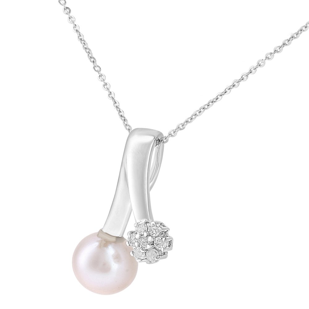 SPARKLD 9ct White Gold Cultured Pearl and 0.10ct Diamond Cluster Pendant Necklace