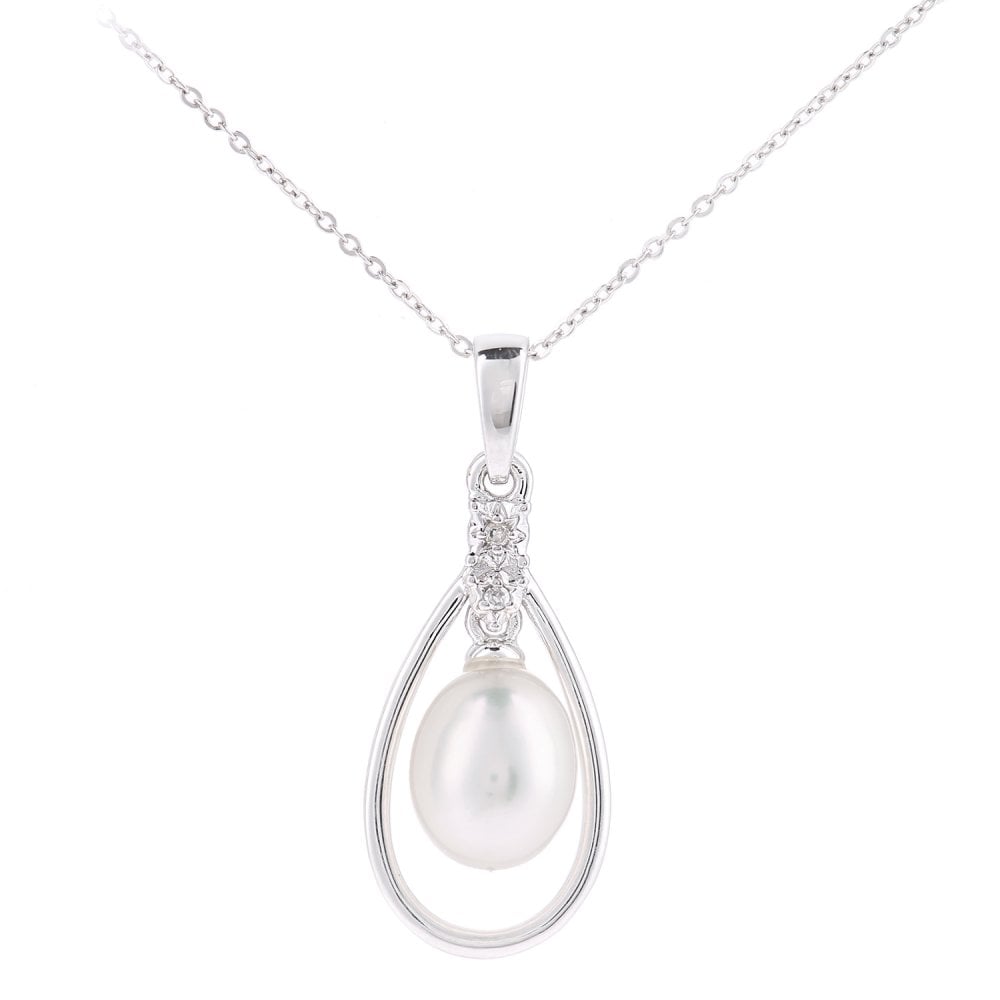 SPARKLD 9ct White Gold Cultured Pearl Teardrop 0.01ct Diamond Pendant Necklace