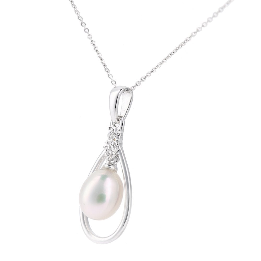 SPARKLD 9ct White Gold Cultured Pearl Teardrop 0.01ct Diamond Pendant Necklace