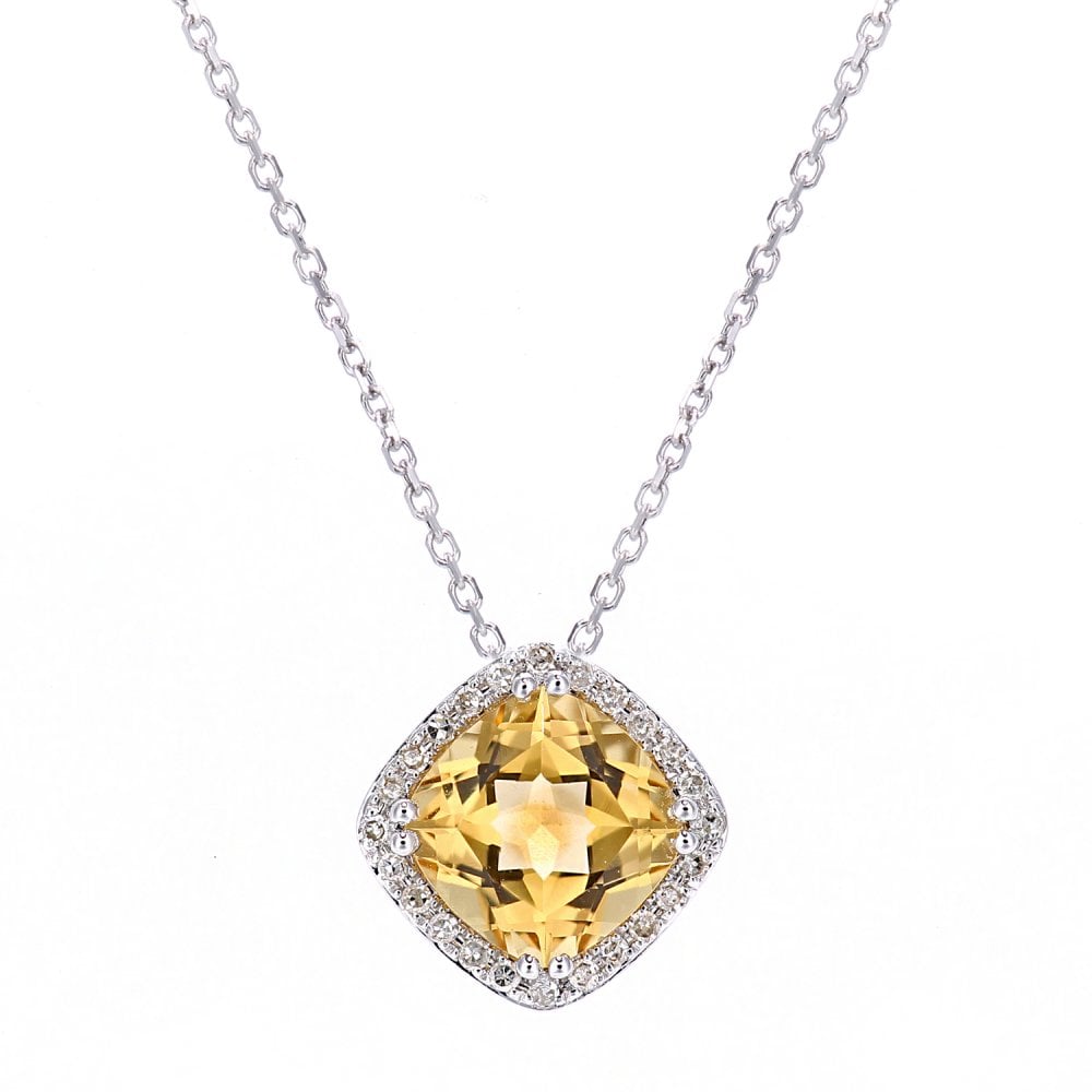 SPARKLD 9ct White Gold Cushion Citrine and 0.05ct Diamond Pendant Necklace