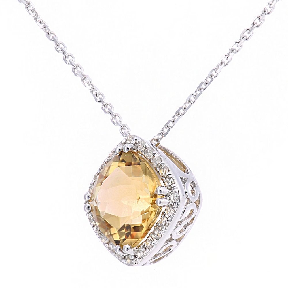 SPARKLD 9ct White Gold Cushion Citrine and 0.05ct Diamond Pendant Necklace