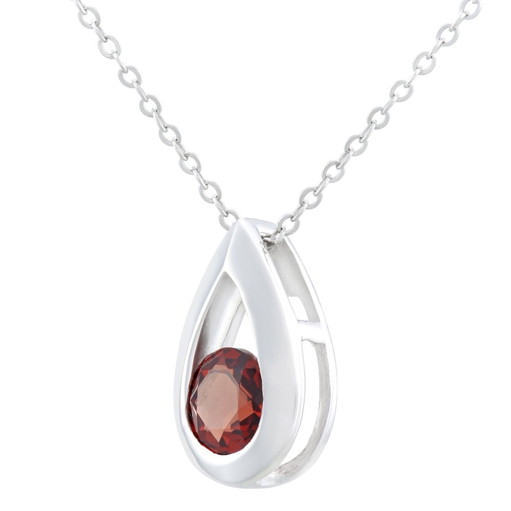 SPARKLD 9ct White Gold Garnet Teardrop Pendant Necklace