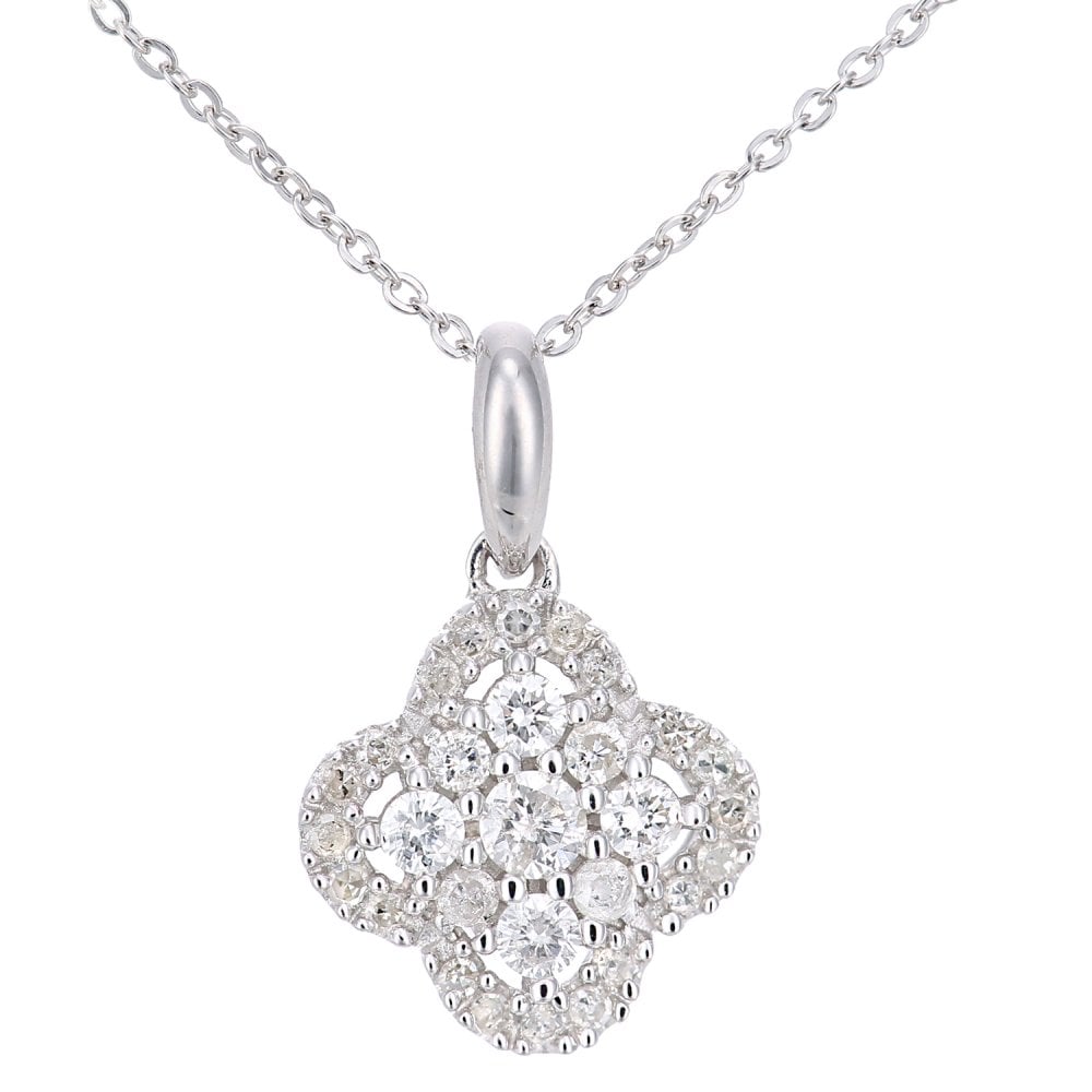 SPARKLD 9ct White Gold Halo Flower 0.20ct Diamond Pendant Necklace