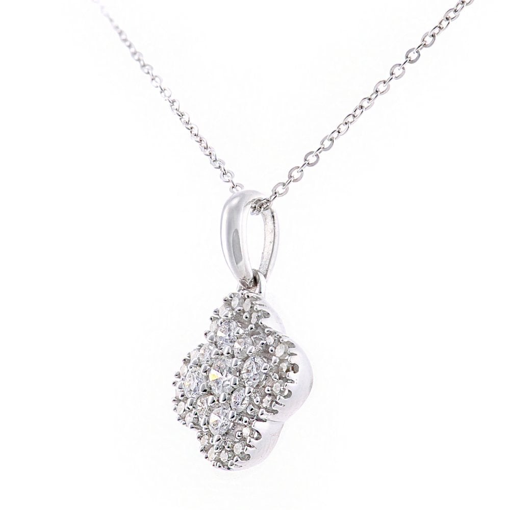 SPARKLD 9ct White Gold Halo Flower 0.20ct Diamond Pendant Necklace