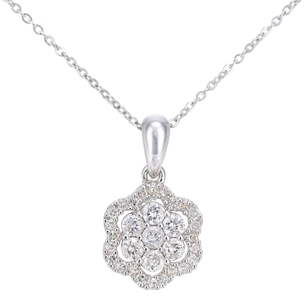 SPARKLD 9ct White Gold Halo Flower 0.24ct Diamond Pendant Necklace
