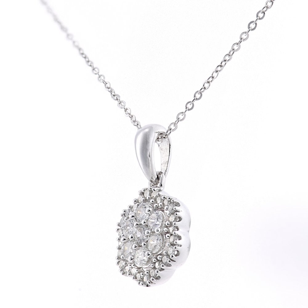 SPARKLD 9ct White Gold Halo Flower 0.24ct Diamond Pendant Necklace