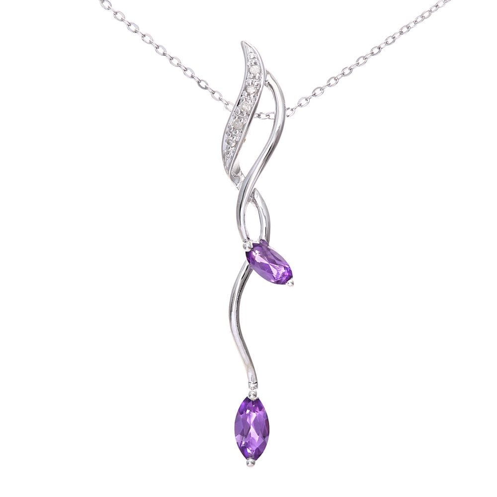 SPARKLD 9ct White Gold Marquise Amethyst and 0.02ct Diamond Pendant Necklace
