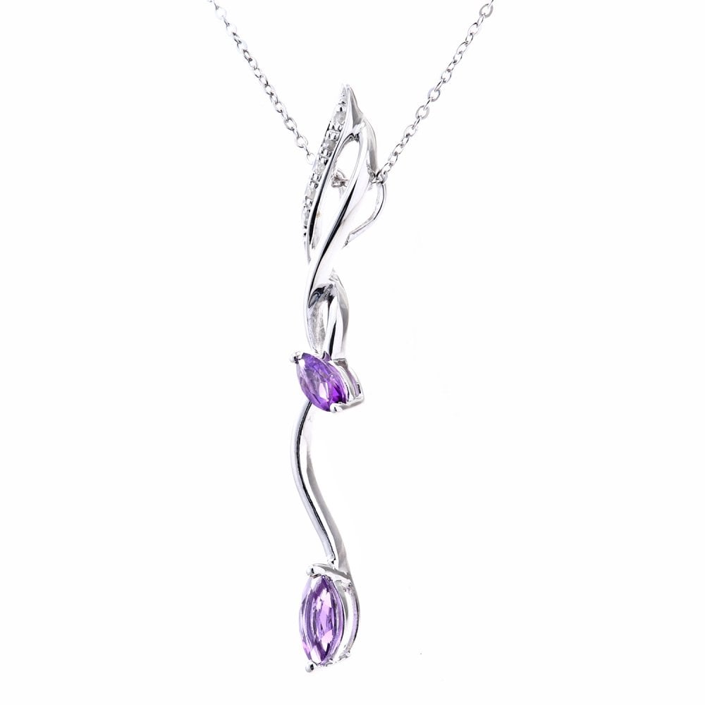 SPARKLD 9ct White Gold Marquise Amethyst and 0.02ct Diamond Pendant Necklace
