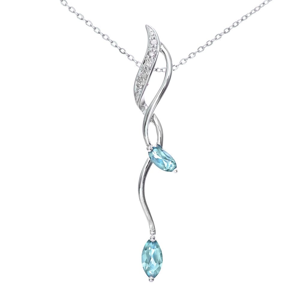 SPARKLD 9ct White Gold Marquise Blue Topaz and 0.02ct Diamond Pendant Necklace