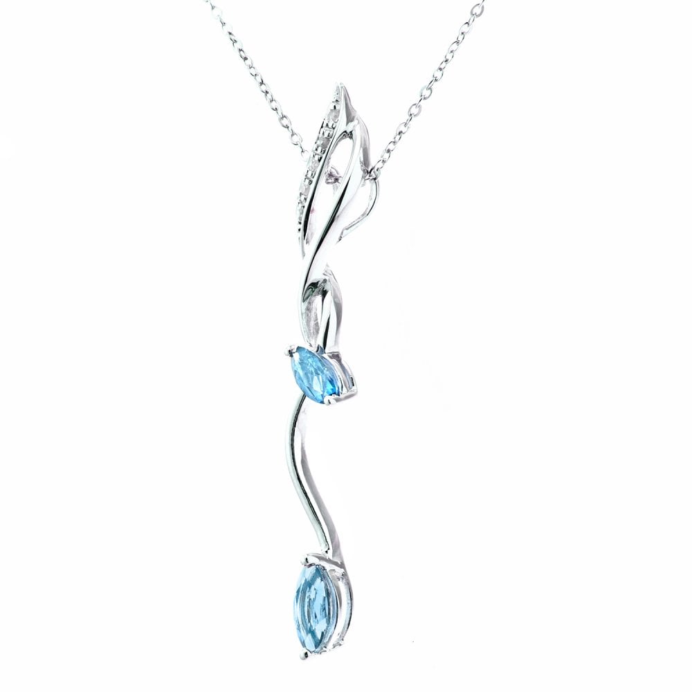 SPARKLD 9ct White Gold Marquise Blue Topaz and 0.02ct Diamond Pendant Necklace