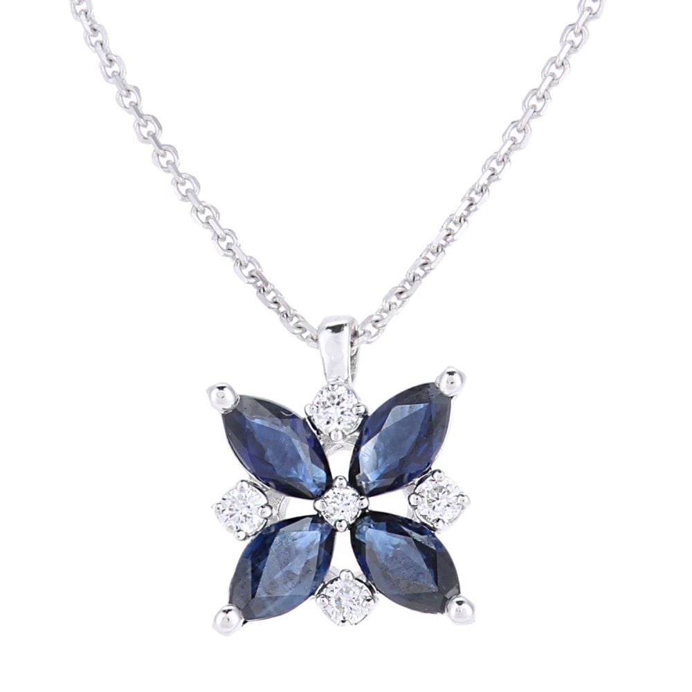 SPARKLD 9ct White Gold Marquise Sapphire Flower 0.05ct Diamond Pendant Necklace