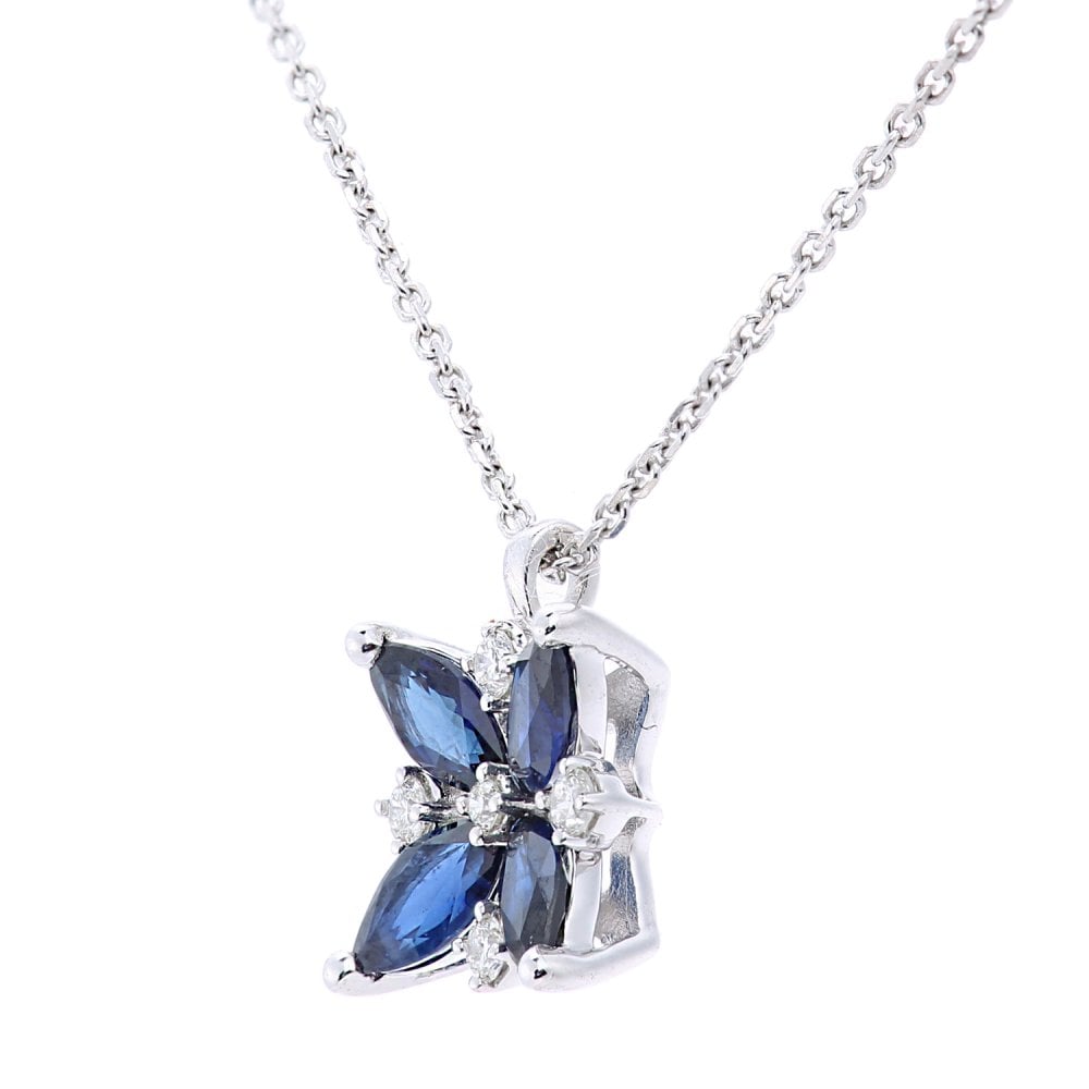SPARKLD 9ct White Gold Marquise Sapphire Flower 0.05ct Diamond Pendant Necklace