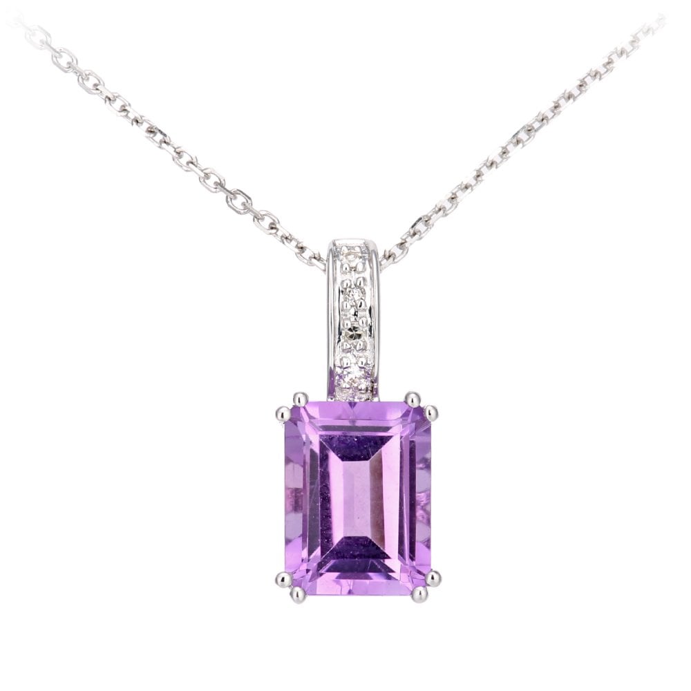 SPARKLD 9ct White Gold Octagon Amethyst and 0.02ct Diamond Pendant Necklace
