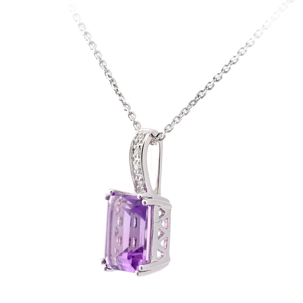 SPARKLD 9ct White Gold Octagon Amethyst and 0.02ct Diamond Pendant Necklace