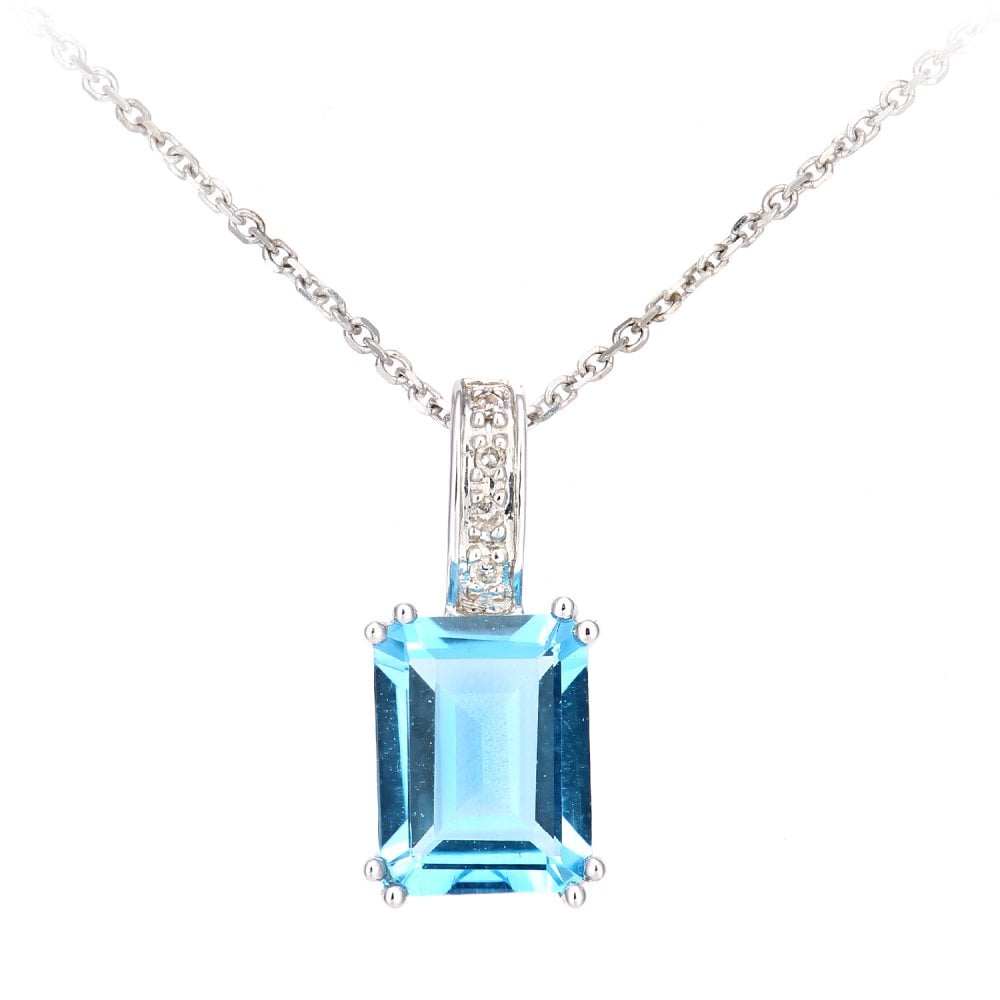 SPARKLD 9ct White Gold Octagon Blue Topaz and 0.02ct Diamond Pendant Necklace