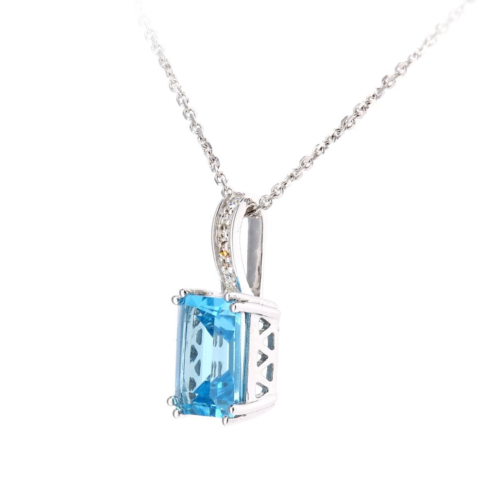 SPARKLD 9ct White Gold Octagon Blue Topaz and 0.02ct Diamond Pendant Necklace