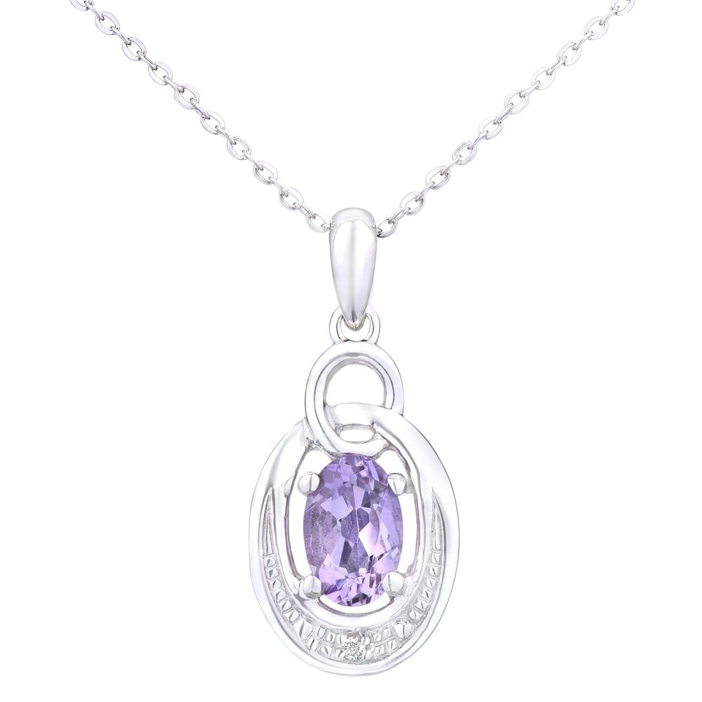 SPARKLD 9ct White Gold Oval Amethyst and 0.01ct Diamond Pendant Necklace