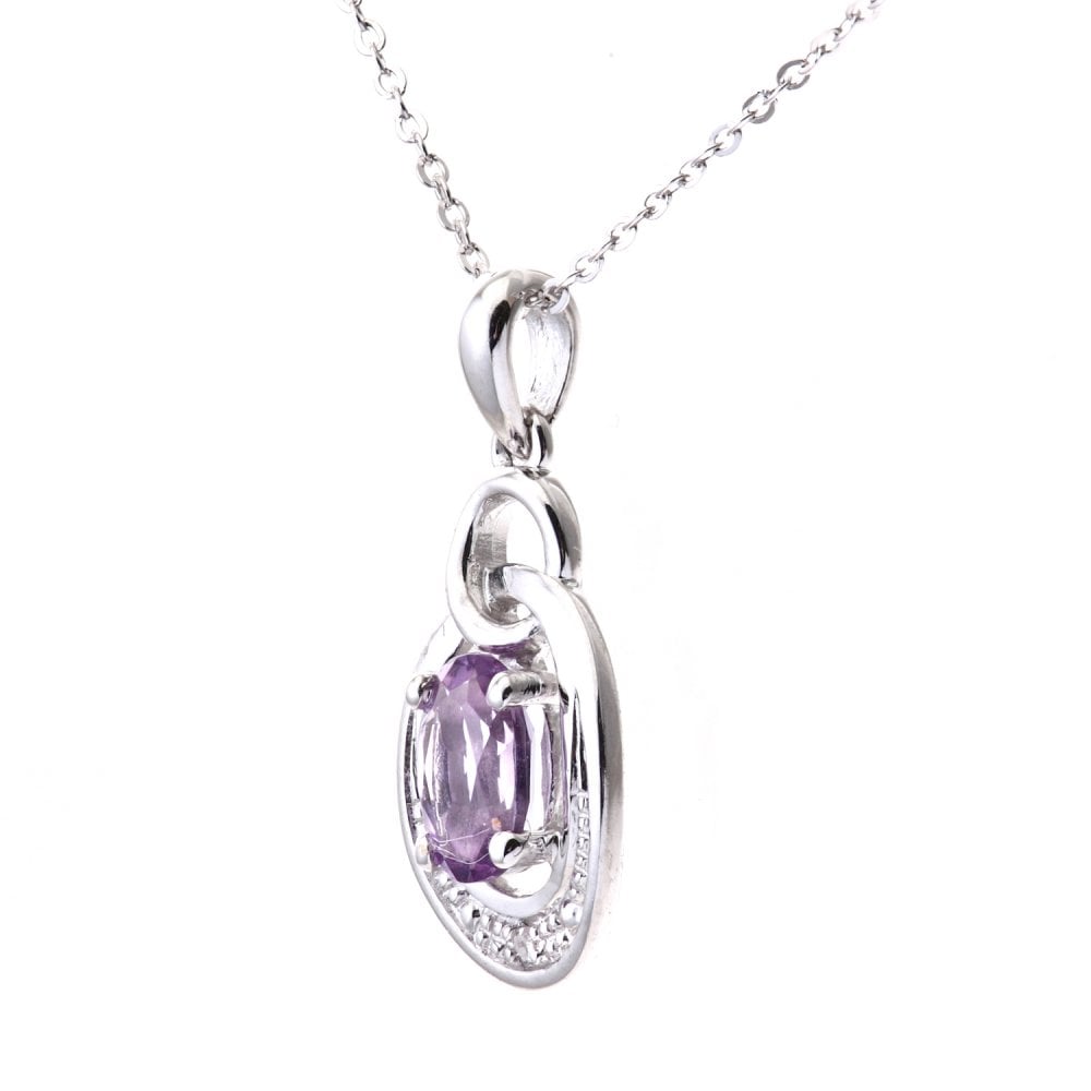SPARKLD 9ct White Gold Oval Amethyst and 0.01ct Diamond Pendant Necklace