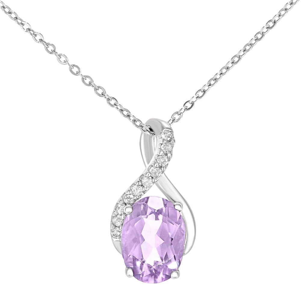 SPARKLD 9ct White Gold Oval Amethyst and 0.05ct Diamond Crossover Pendant Necklace