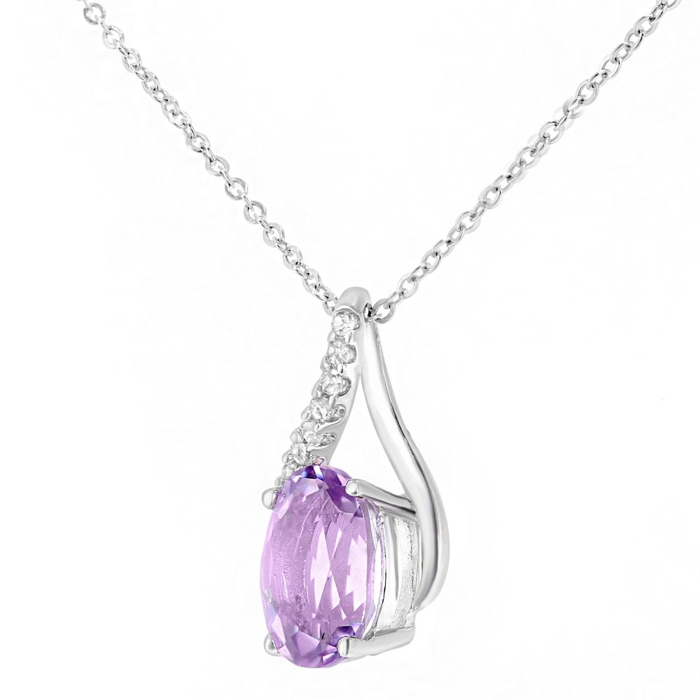 SPARKLD 9ct White Gold Oval Amethyst and 0.05ct Diamond Crossover Pendant Necklace