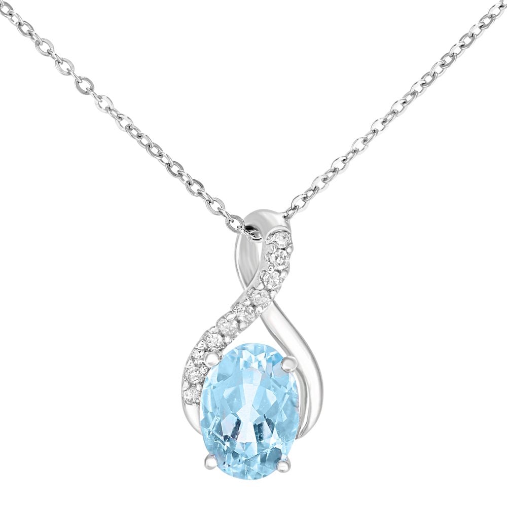 SPARKLD 9ct White Gold Oval Blue Topaz and 0.05ct Diamond Crossover Pendant Necklace