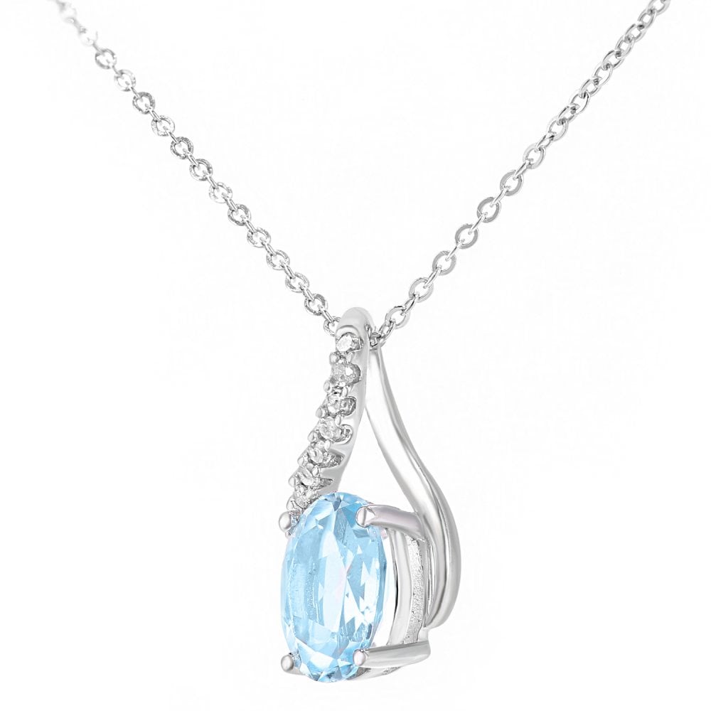 SPARKLD 9ct White Gold Oval Blue Topaz and 0.05ct Diamond Crossover Pendant Necklace