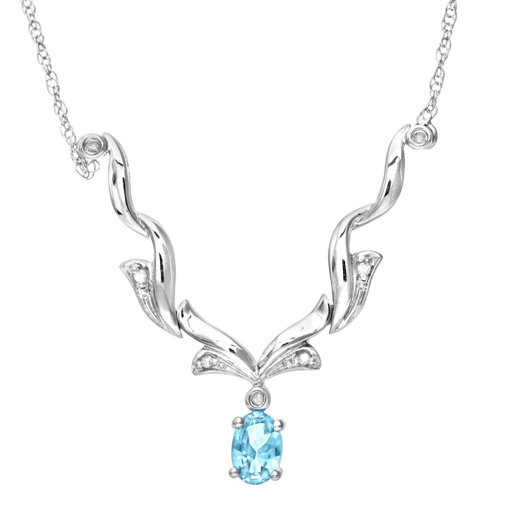 SPARKLD 9ct White Gold Oval Blue Topaz and 0.05ct Diamond Necklace
