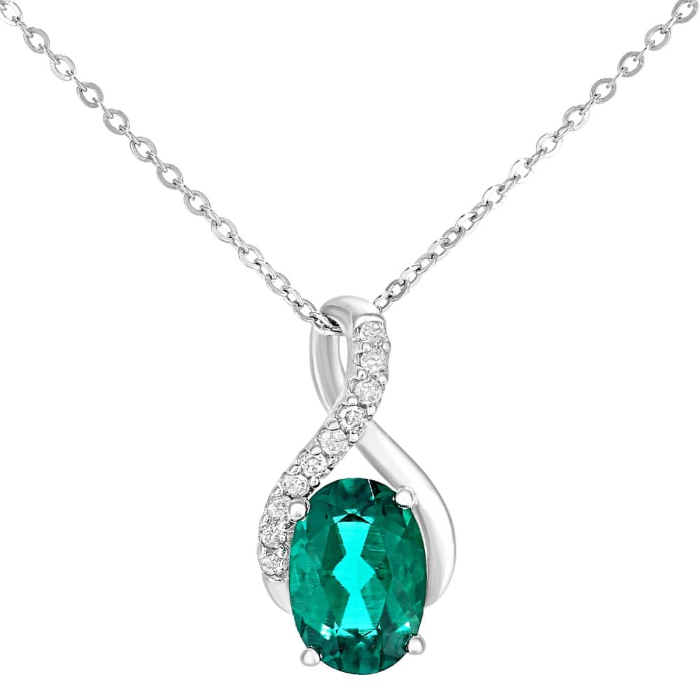 SPARKLD 9ct White Gold Oval Created Emerald and 0.05ct Diamond Crossover Pendant Necklace