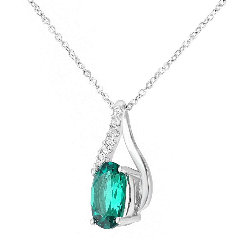 SPARKLD 9ct White Gold Oval Created Emerald and 0.05ct Diamond Crossover Pendant Necklace